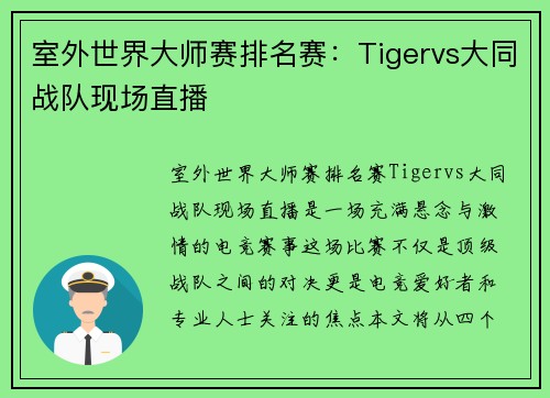 室外世界大师赛排名赛：Tigervs大同战队现场直播