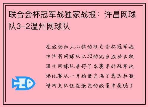 联合会杯冠军战独家战报：许昌网球队3-2温州网球队